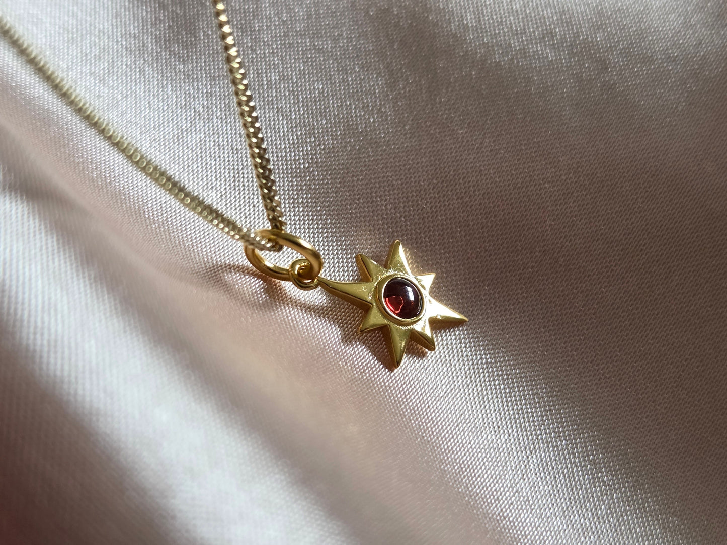 18k Gold North Star Pendant with Garnet