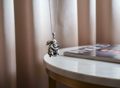 Silver Mum and Baby Bunny Necklace with Moonstone