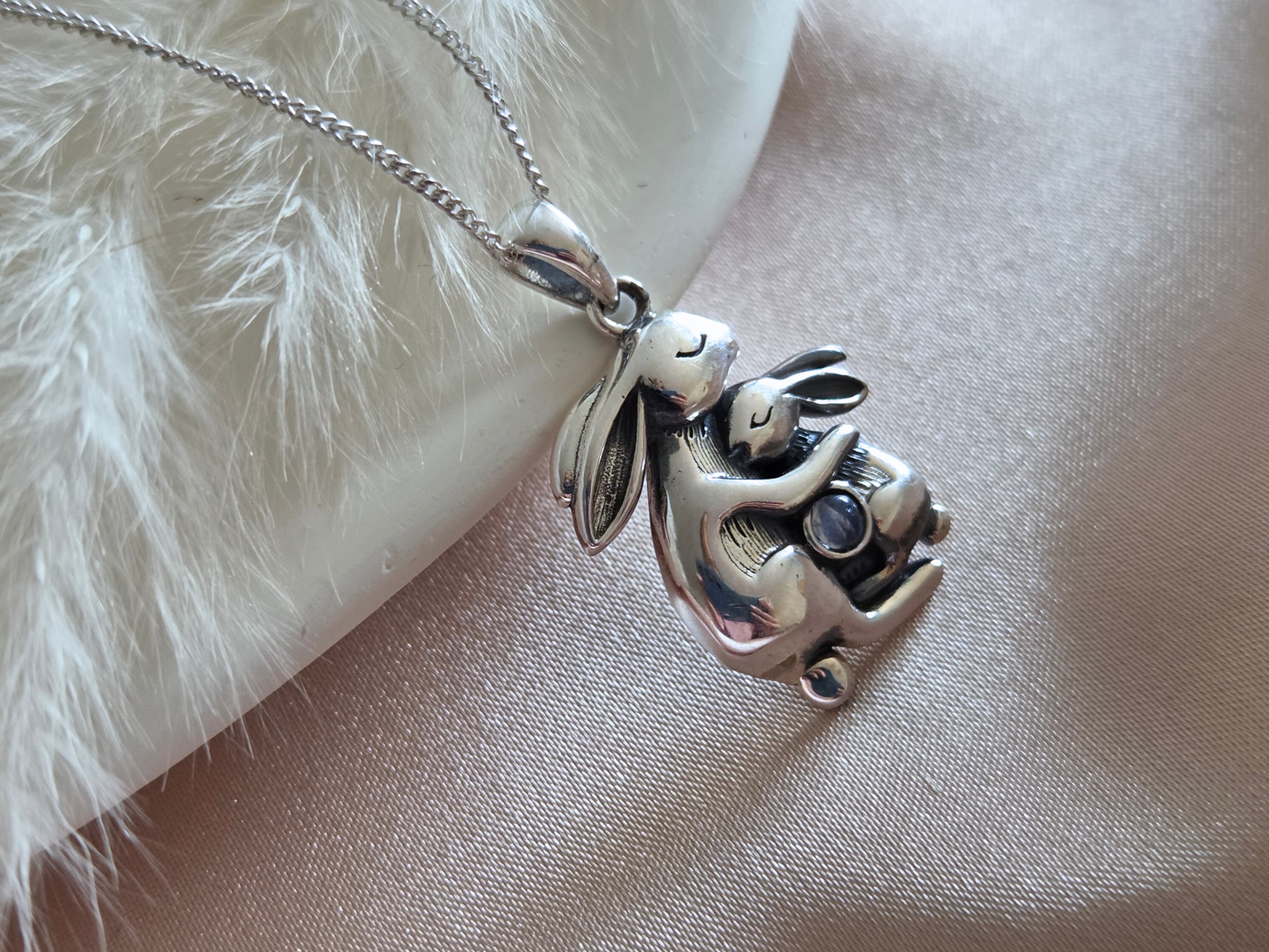 Silver Mum and Baby Bunny Necklace with Moonstone