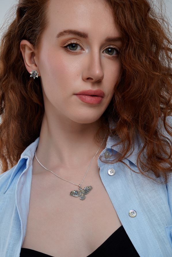 Silver Flying Crow Necklace with Moonstones
