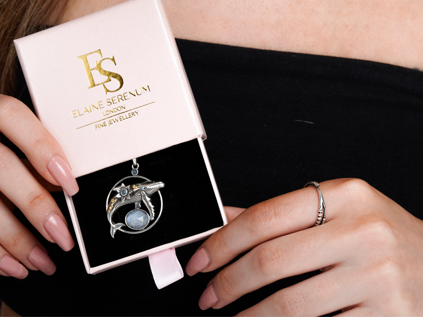 Silver Deepwater Whale Pendant with Moonstones