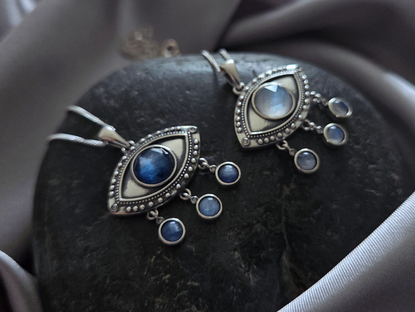 Silver Eye Necklace with Dangling Moonstones