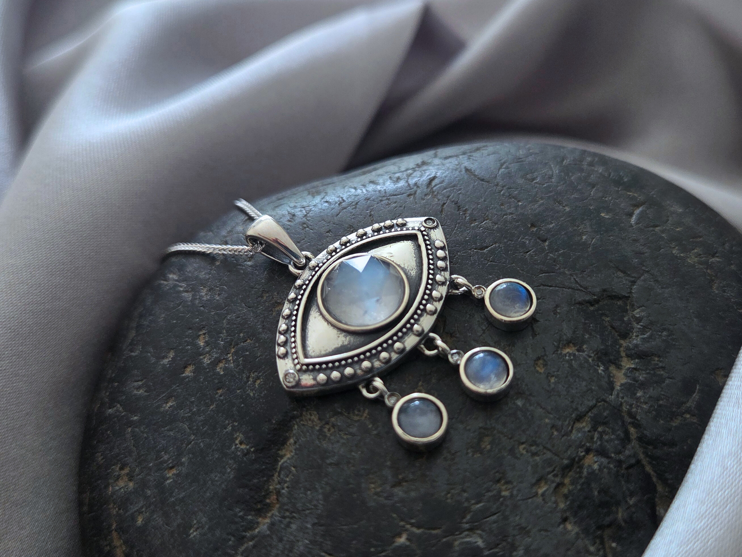 Silver Eye Necklace with Dangling Moonstones