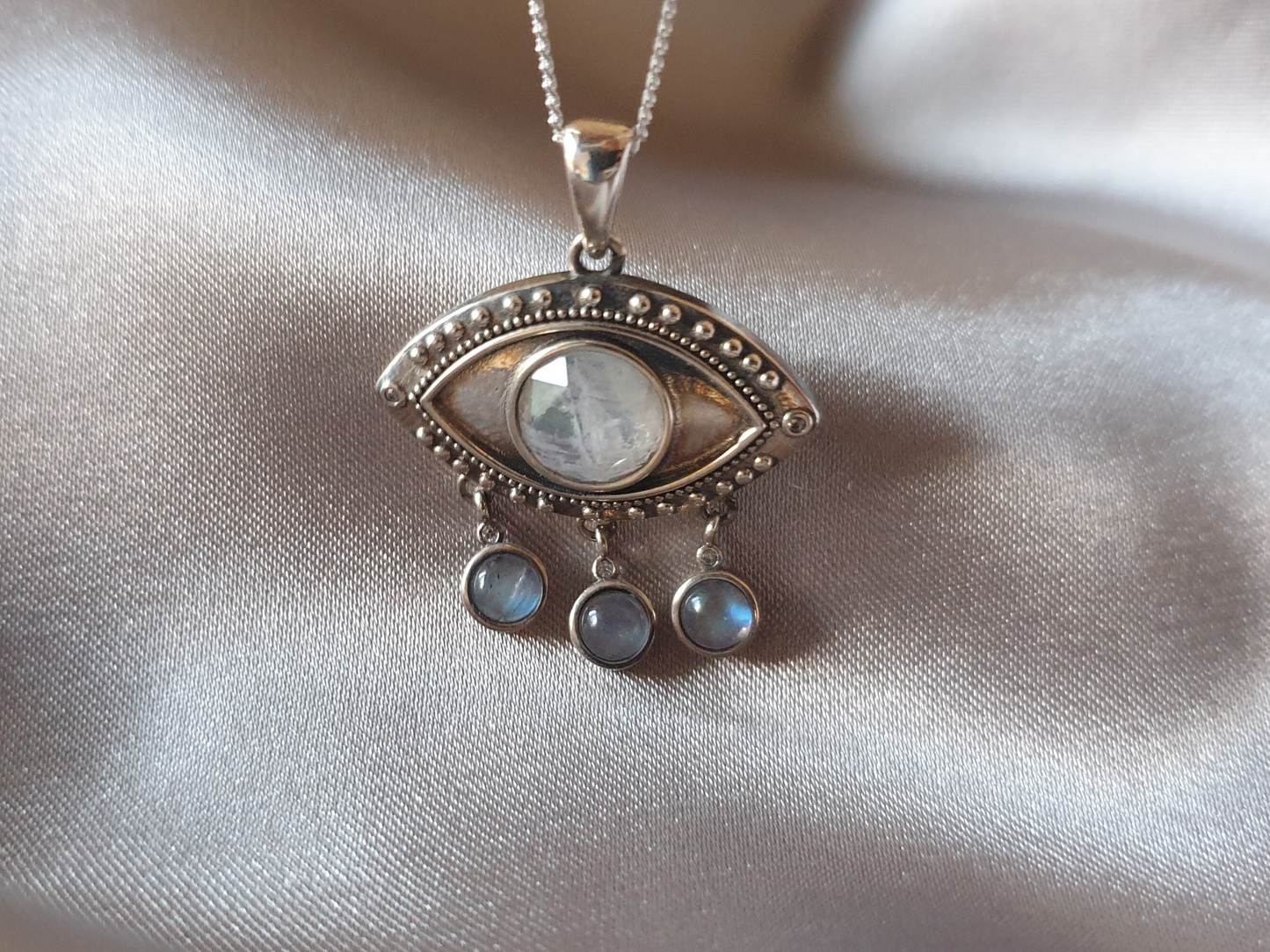 Silver Eye Necklace with Dangling Moonstones