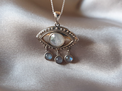 Silver Eye Necklace with Dangling Moonstones