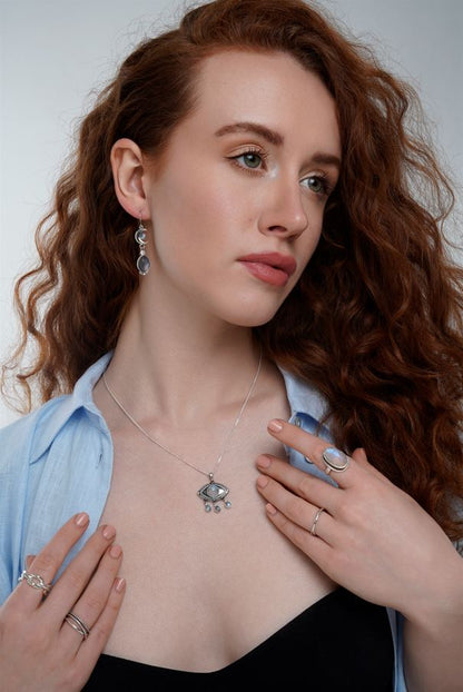 Silver Eye Necklace with Dangling Moonstones