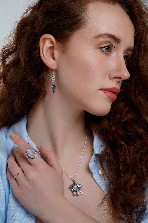Silver Eye Necklace with Dangling Moonstones
