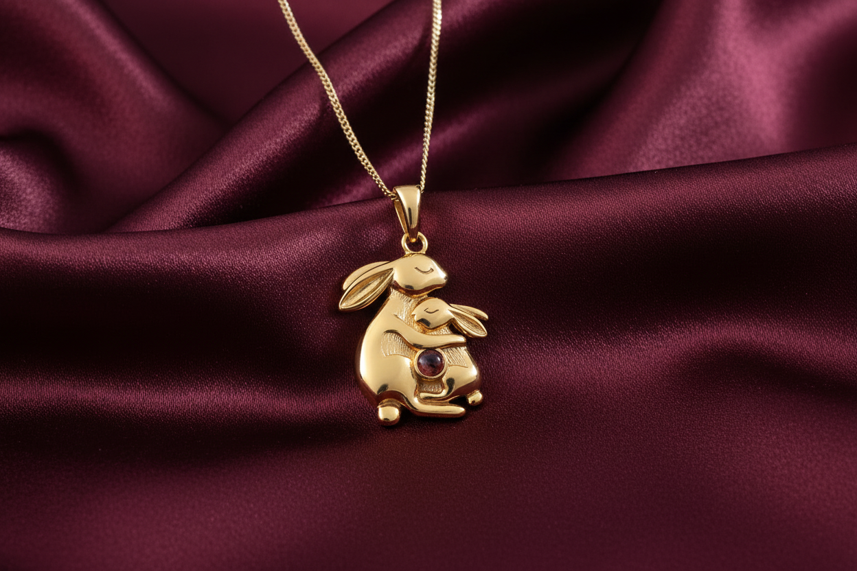 18k Gold Mum and Baby Bunny Necklace with Garnet