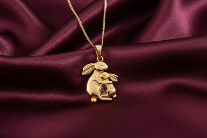 18k Gold Mum and Baby Bunny Necklace with Garnet