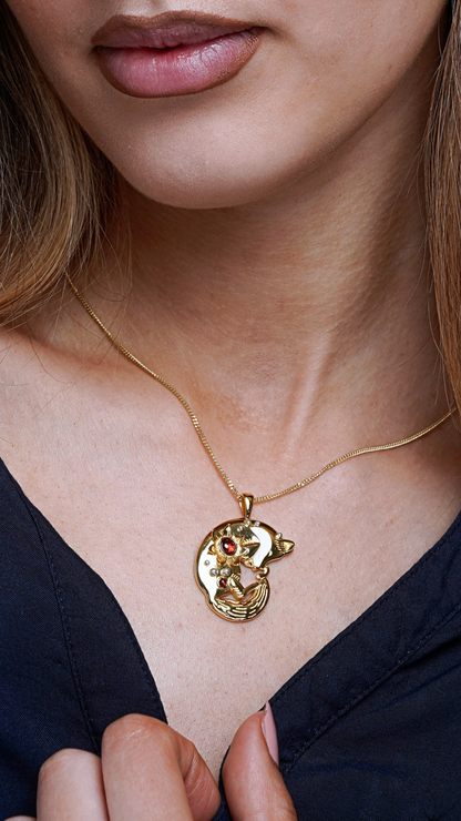Gold Sleeping Fox Necklace with Garnets