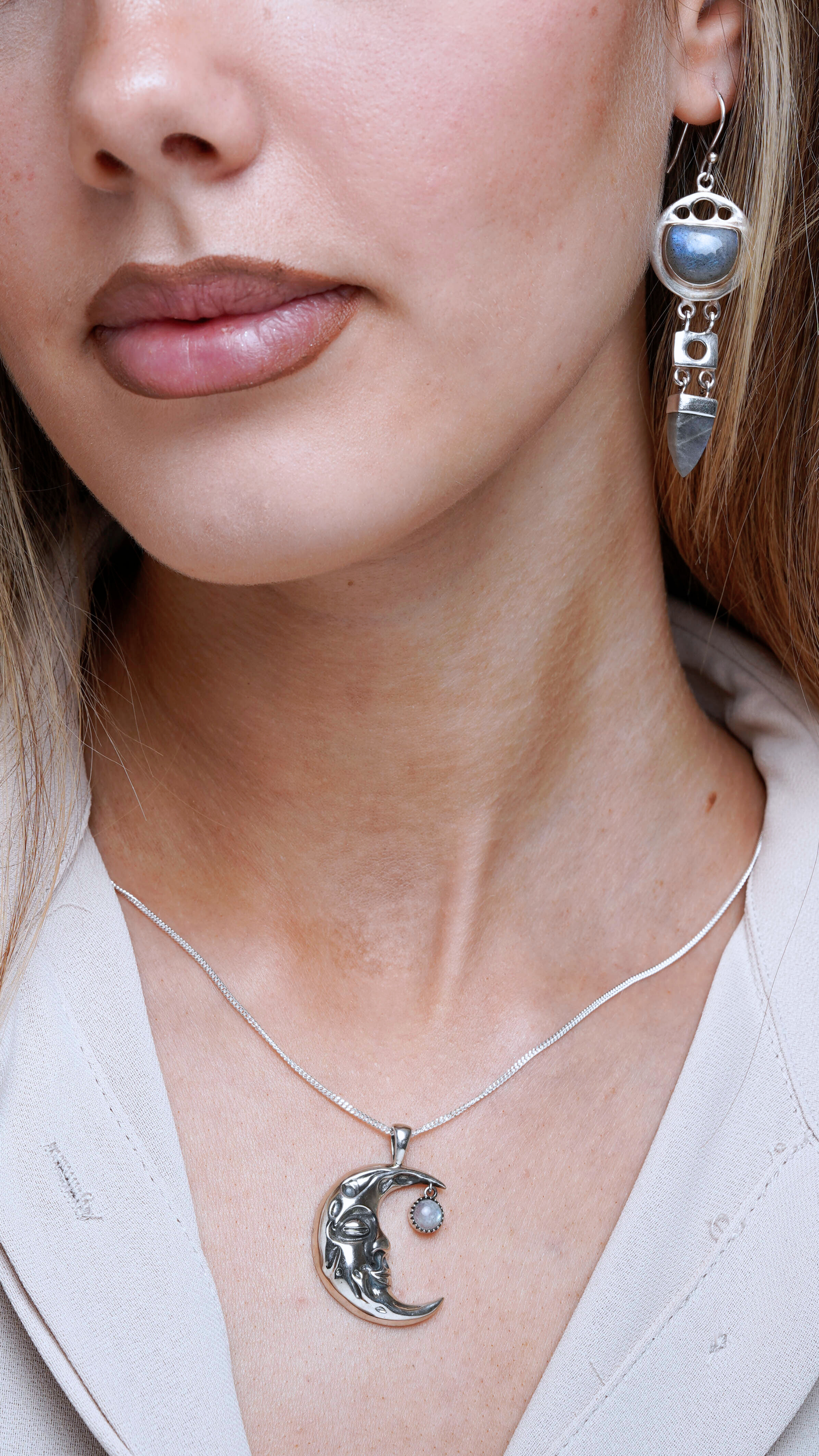 Silver Moon Crescent Necklace with Moonstone