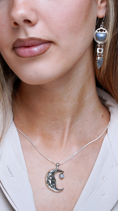 Silver Moon Crescent Necklace with Moonstone
