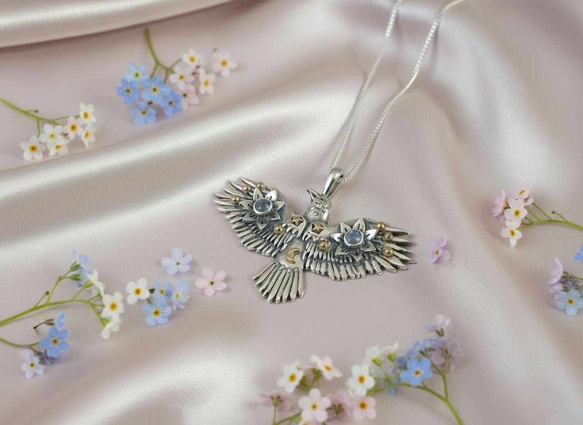 Silver Flying Crow Necklace with Moonstones