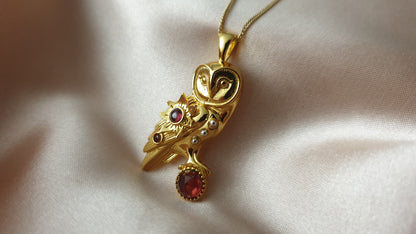 Gold Oracle Owl Pendant with Garnets