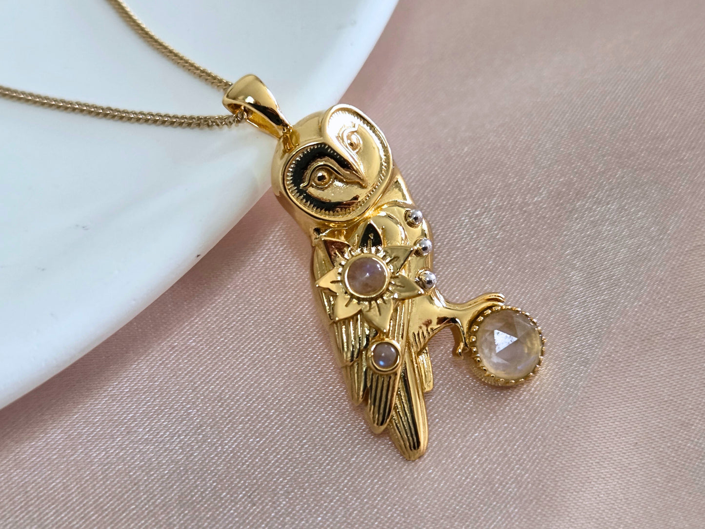 Gold Oracle Owl Pendant with Garnets