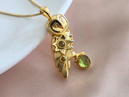 Gold Oracle Owl Pendant with Garnets