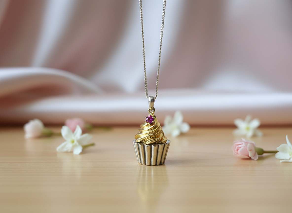 18k Gold and Silver Cupcake pendant