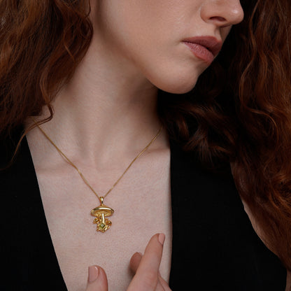 Gold Mystical Mushroom Necklace with Garnet