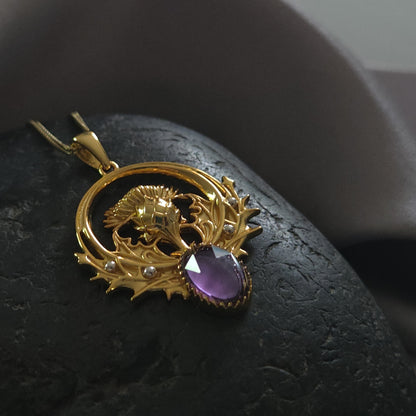 Gold Thistle Flower Necklace with Amethyst