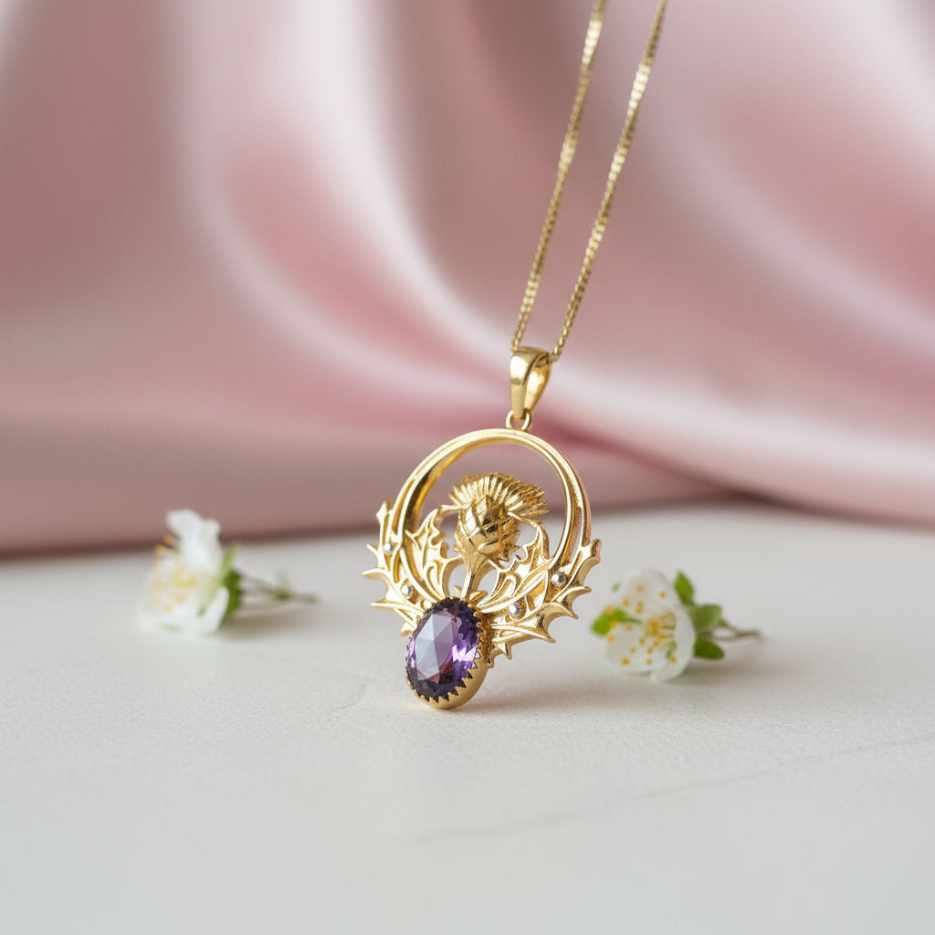 Gold Thistle Flower Necklace with Amethyst