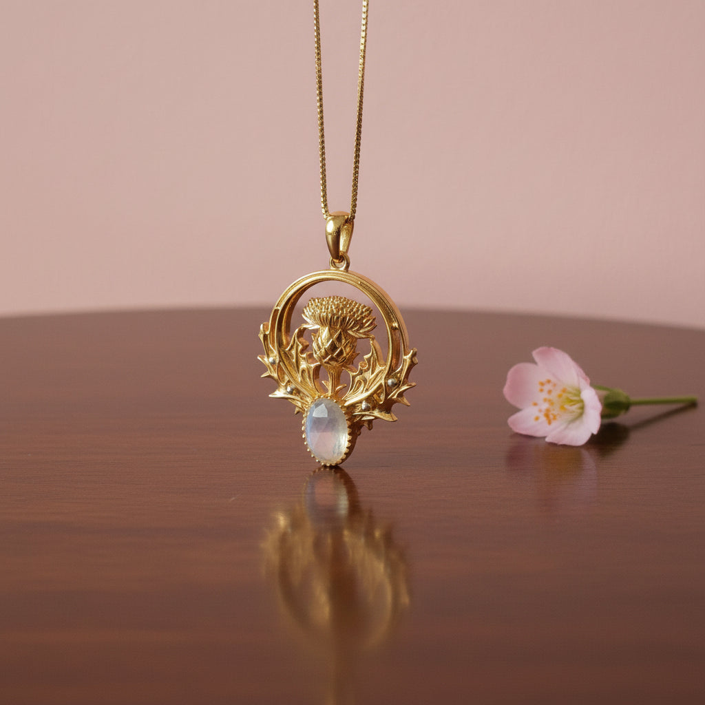 Gold pendant with thistle design and moonstone on a gray fabric background