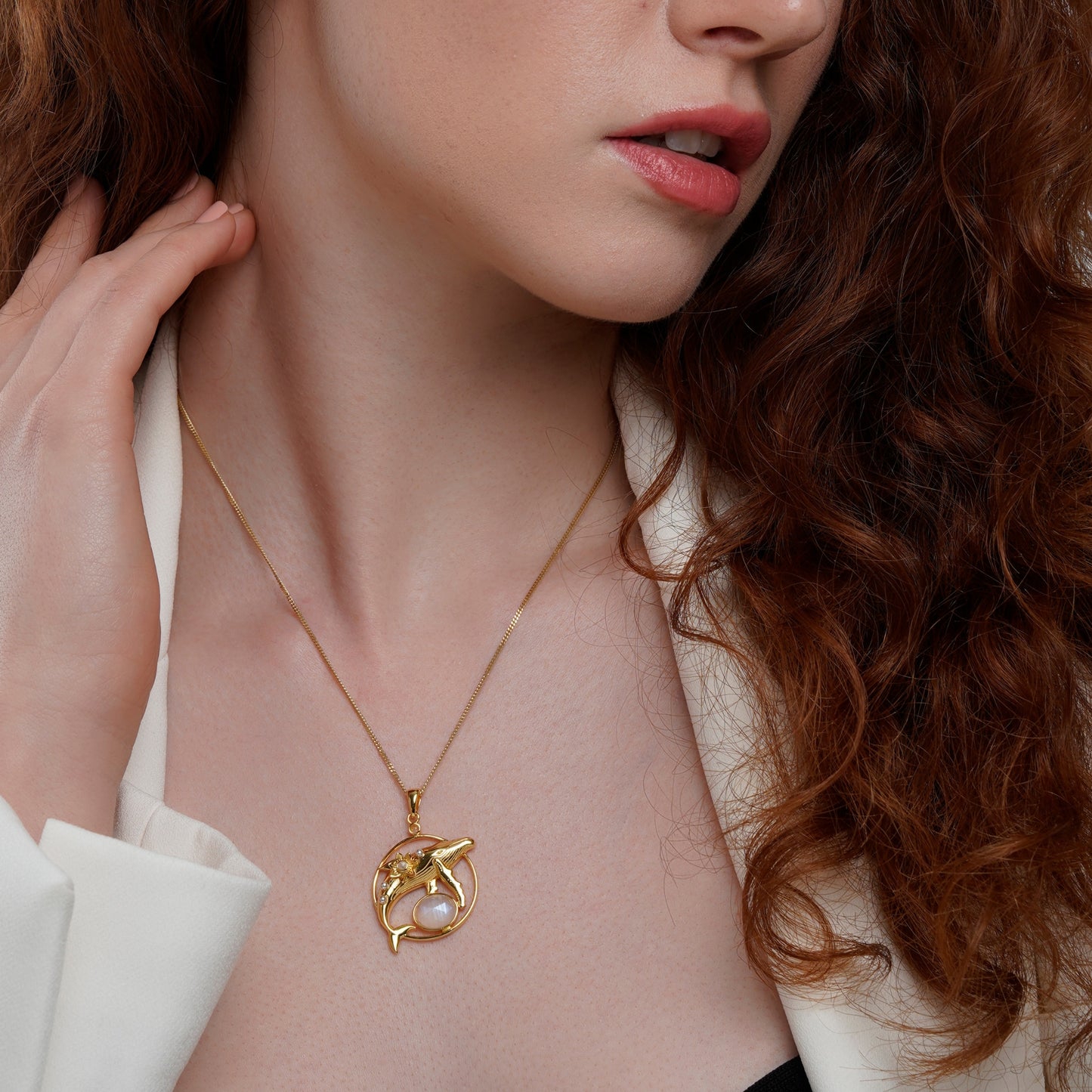 Gold Dainty Whale Necklace with Moonstones
