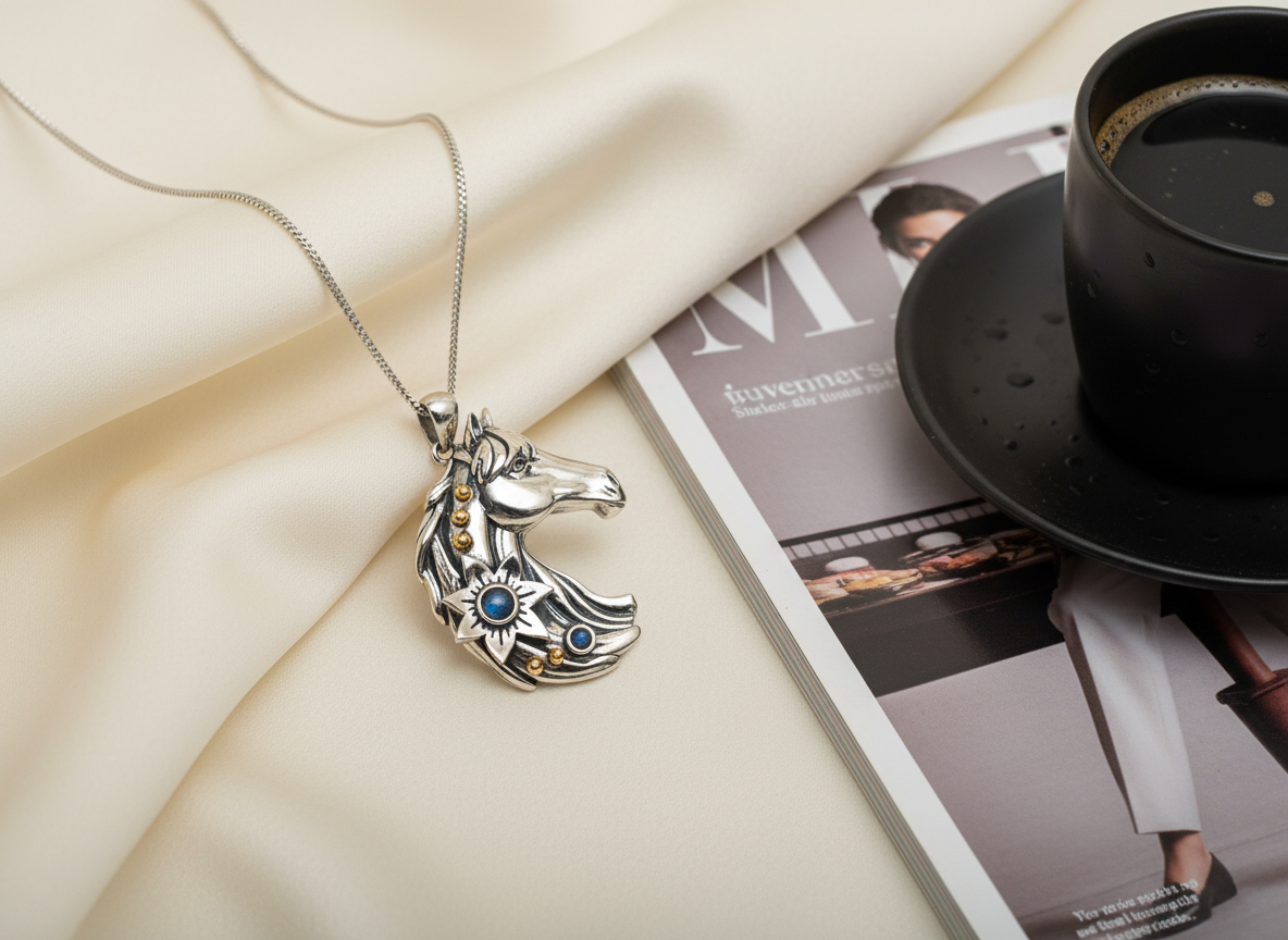 Silver Horse Necklace with Moonstones