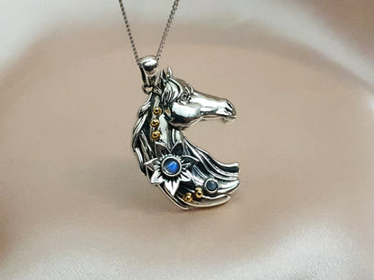 Silver Horse Necklace with Moonstones