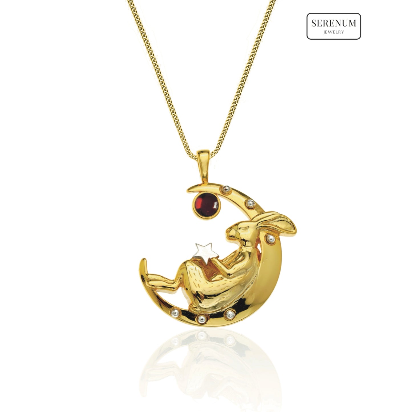 Gold Sleeping Bunny on Moon Necklace with Garnet