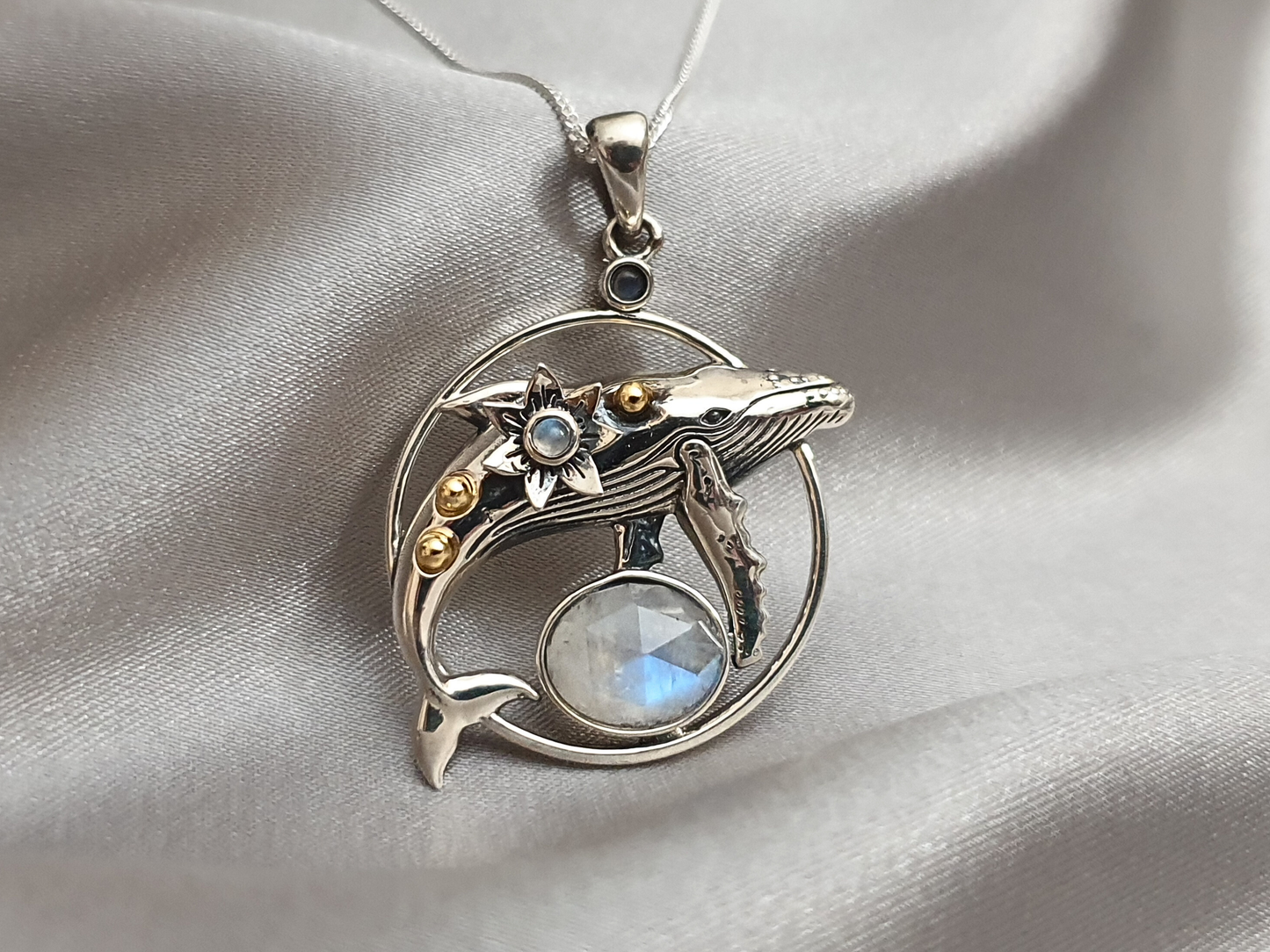 Silver Deepwater Whale Pendant with Moonstones