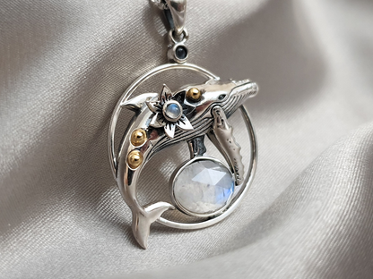 Silver Deepwater Whale Pendant with Moonstones