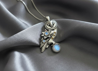Silver Oracle Owl Pendant with Moonstones