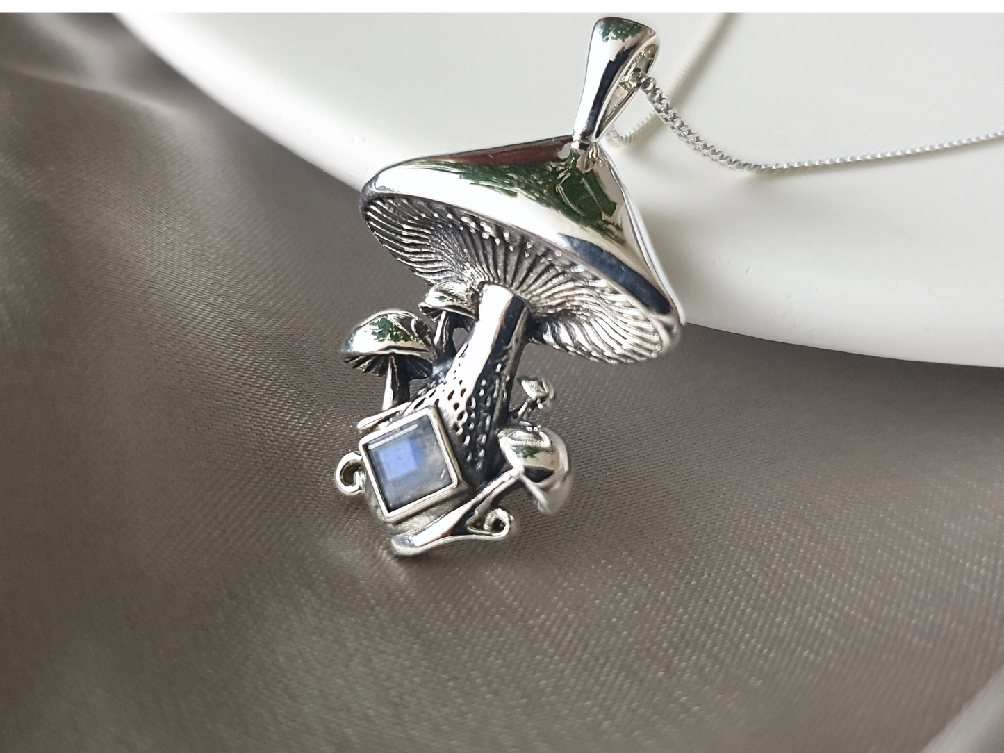 Silver Mushroom Necklace with Moonstone