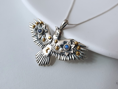 Silver Flying Crow Necklace with Moonstones
