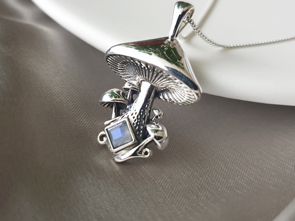 Silver Mushroom Necklace with Moonstone