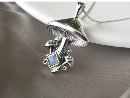 Silver Mushroom Necklace with Moonstone