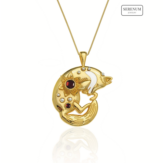 Gold Sleeping Fox Necklace with Garnets