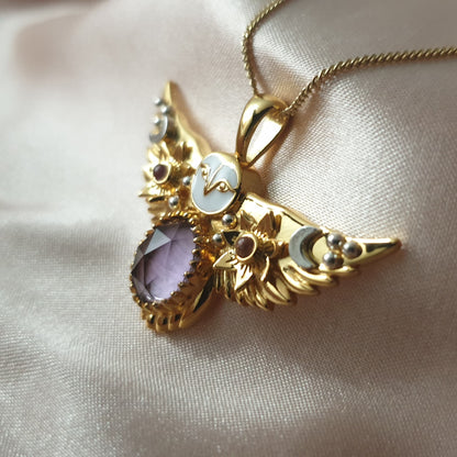 Gold Flying Owl Necklace with Ruby gemstones