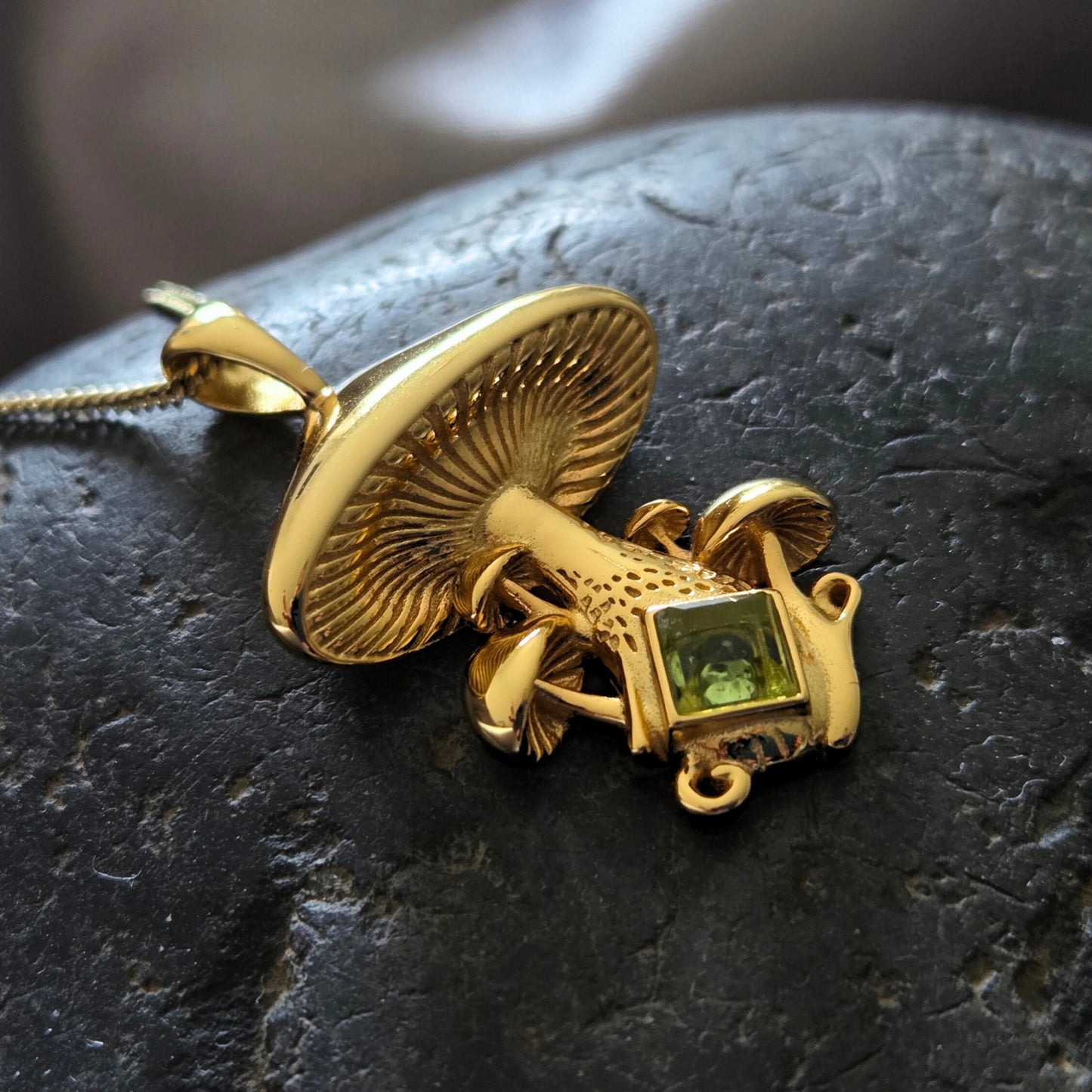 Gold Mystical Mushroom Necklace with Garnet