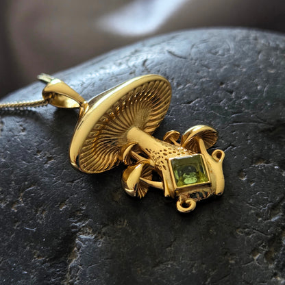 Gold Mystical Mushroom Necklace with Garnet