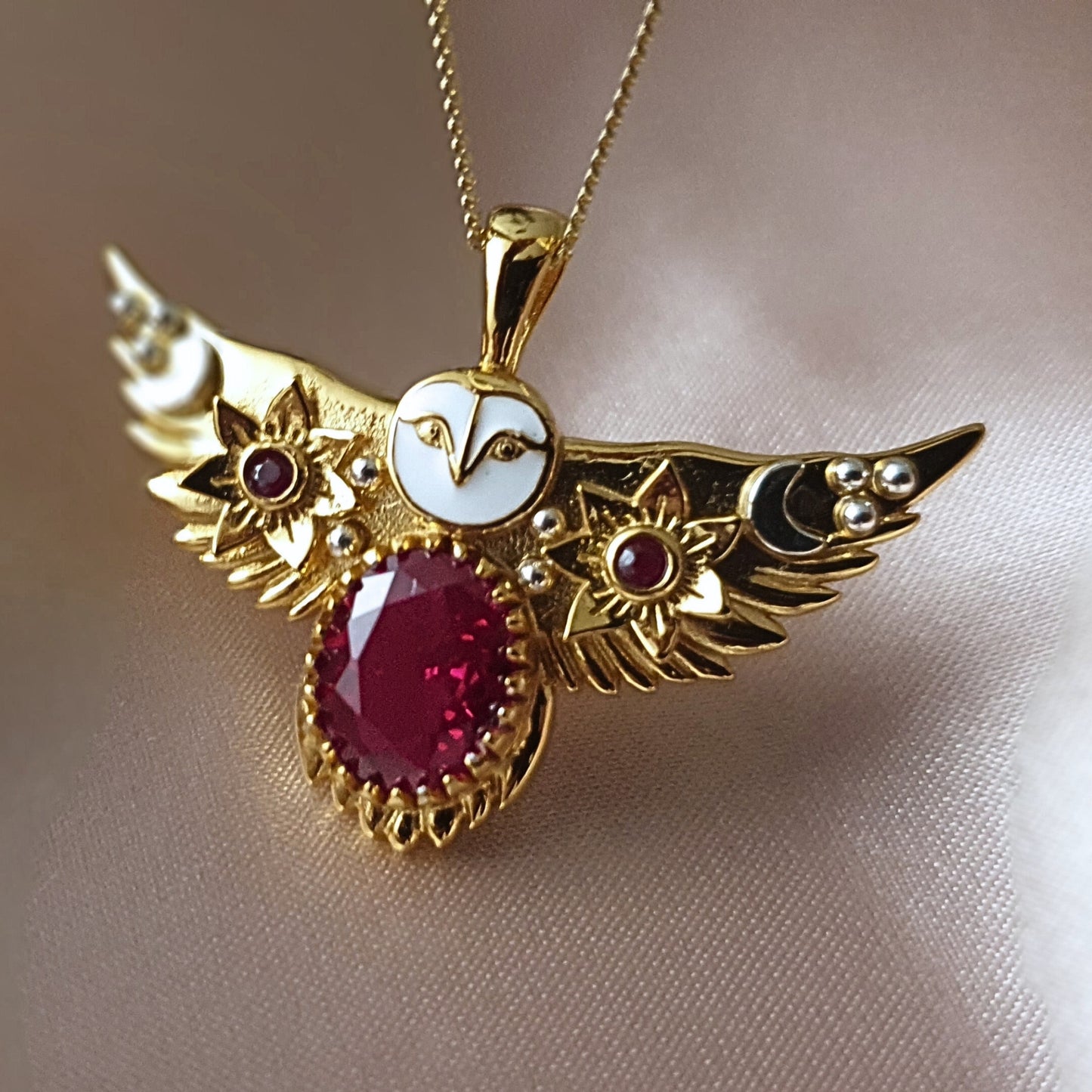 Gold Flying Owl Necklace with Ruby gemstones