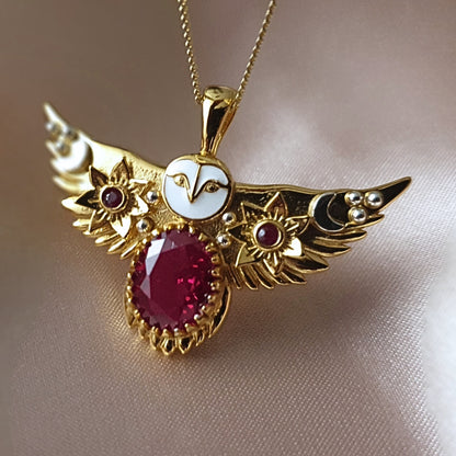 Gold Flying Owl Necklace with Ruby gemstones