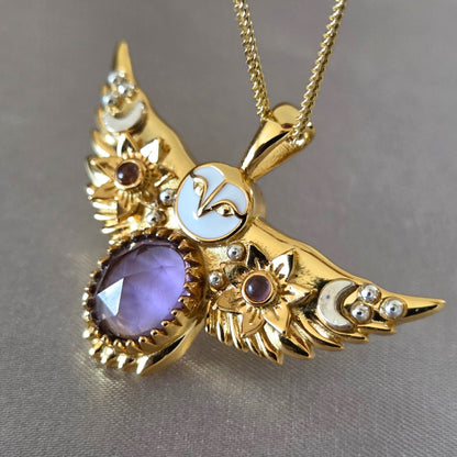Gold Flying Owl Necklace with Ruby gemstones
