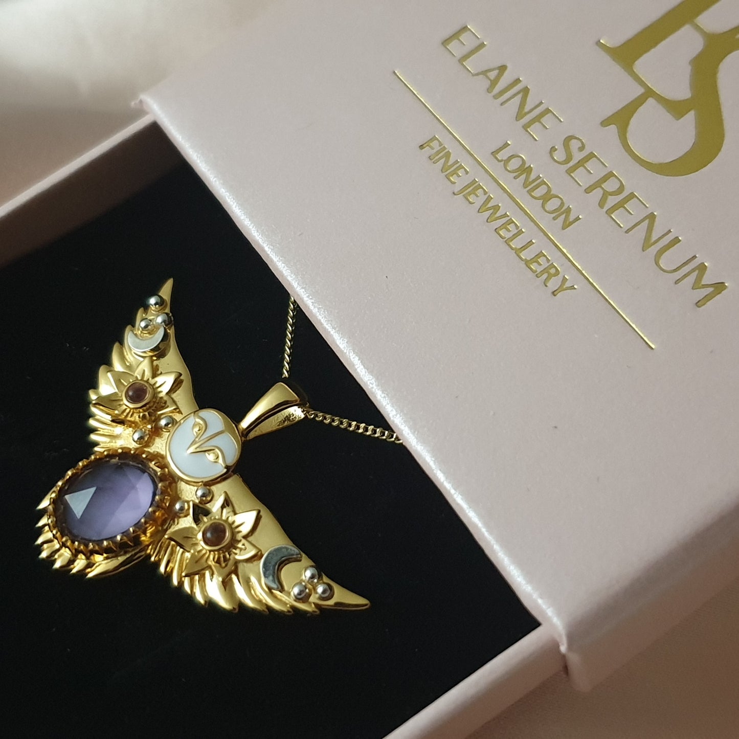 Gold Flying Owl Necklace with Ruby gemstones