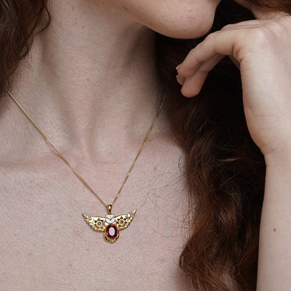 Gold Flying Owl Necklace with Ruby gemstones
