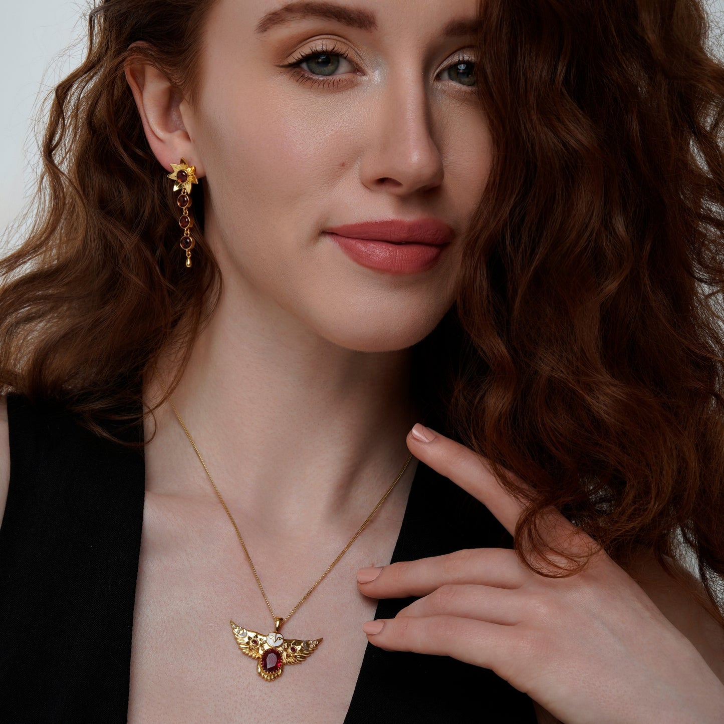 Gold Flying Owl Necklace with Ruby gemstones