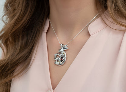 Silver Sleeping Bunny Necklace with Moonstones