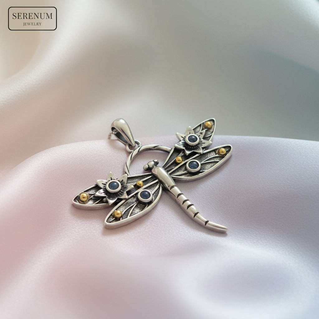 Silver dragonfly pendant with gemstones on a soft pink background, branded 'Serenum Jewelry'.