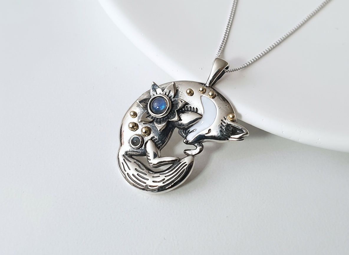 Silver Sleeping Fox Necklace with Moonstones
