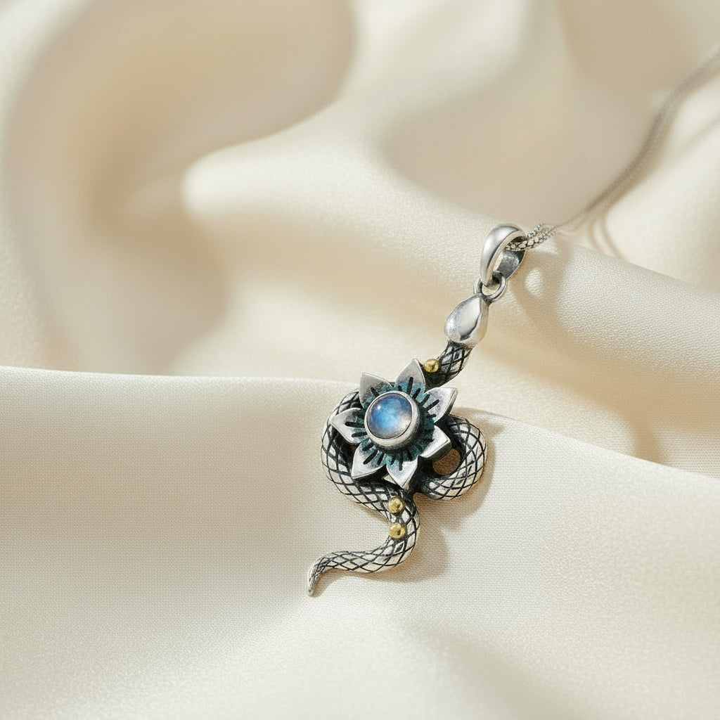 Silver snake pendant with moonstone on a white background